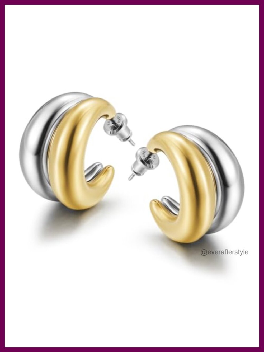 Two Tone Chunky Huggie Hoop Earrings 14K Gold Plated Stainless Steel